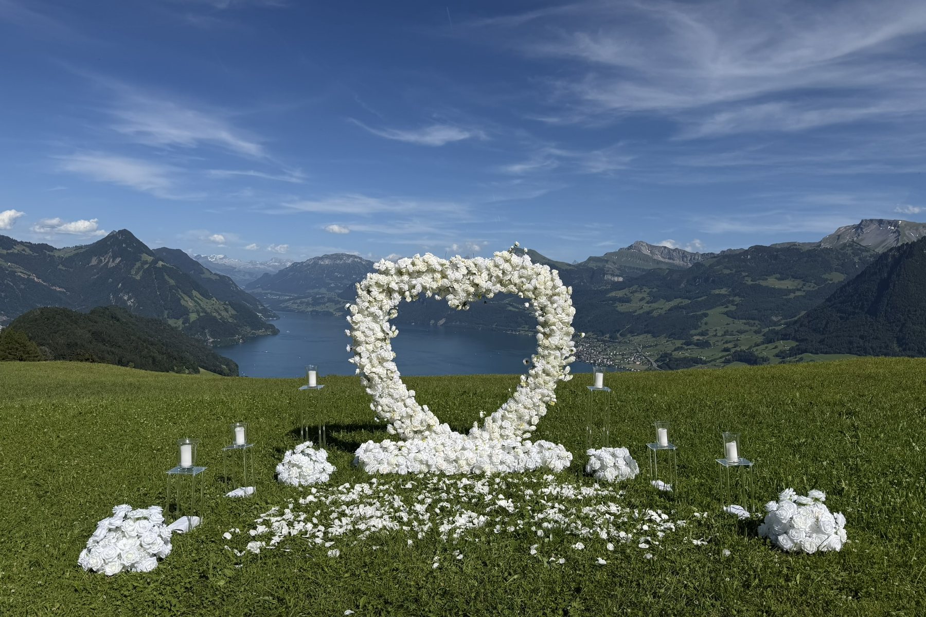 White floral heart on an alpine meadow high above Lake Lucerne